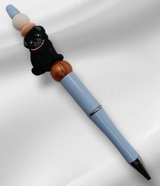 Black Pug Beaded Pen -Dusk Blue/White
