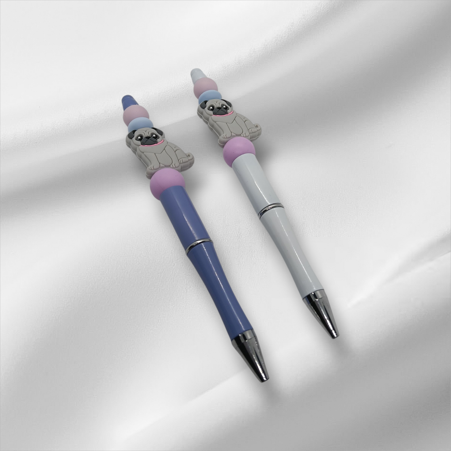Grey Pug Beaded Pen -Purple/White