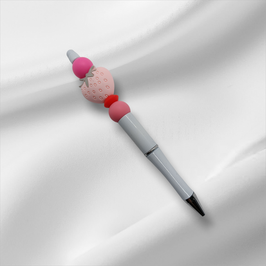 Pink Strawberry Beaded Pen -Red/White