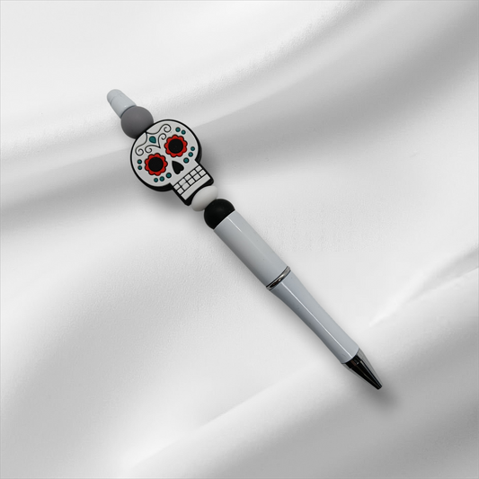 Sugar Skull Beaded Pen -Metallic Green/White