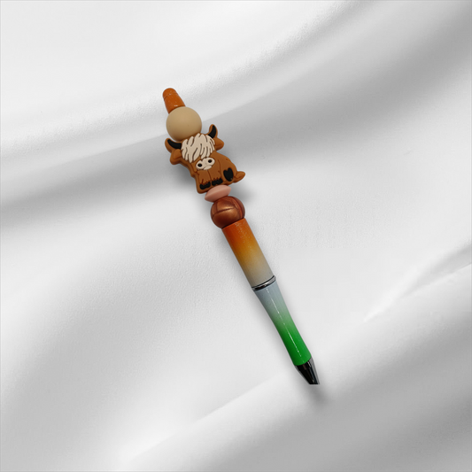 Highland Cow Beaded Pen -Orange+Green/White
