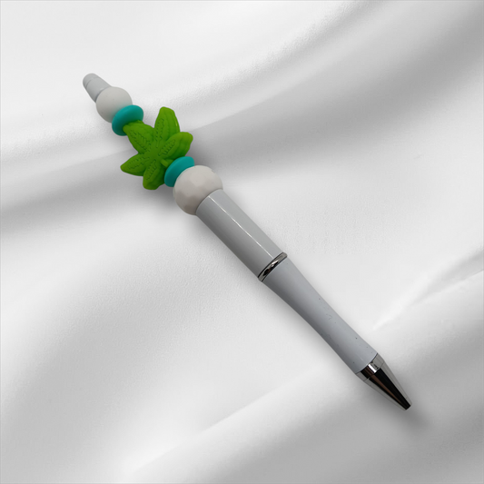 Leaf-Light Green Beaded Pen -Green+White/White