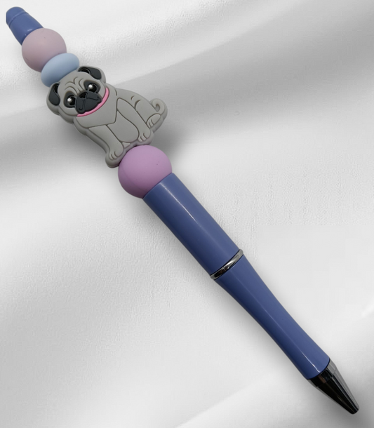 Grey Pug Beaded Pen -Purple/White