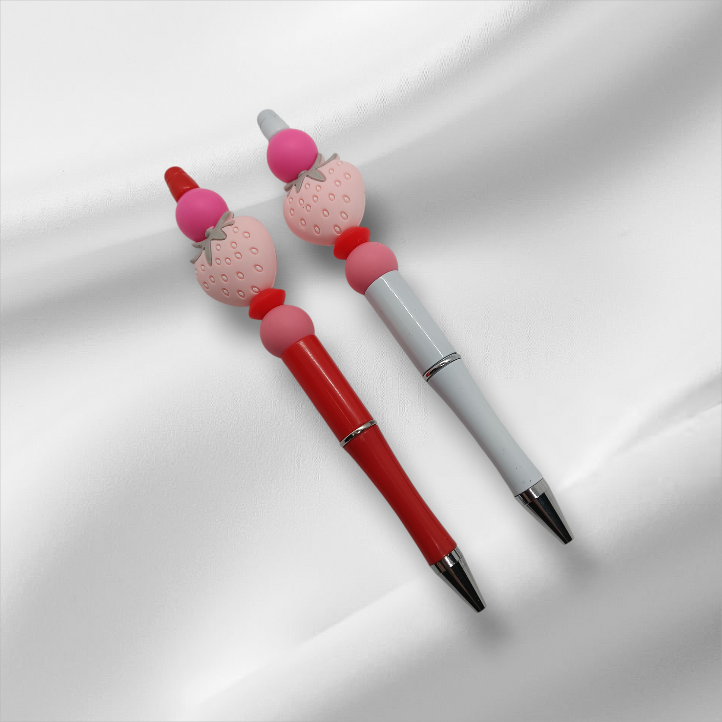 Pink Strawberry Beaded Pen -Red/White