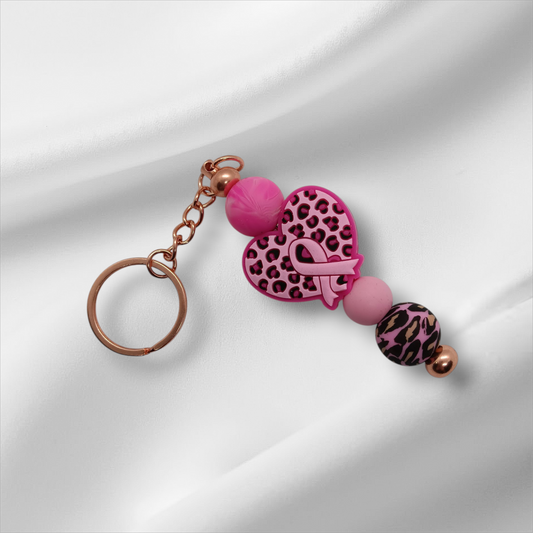 Pink Ribbon-Leopard Print Beaded Keychain