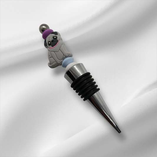 Grey Pug Beaded Bottle Stopper
