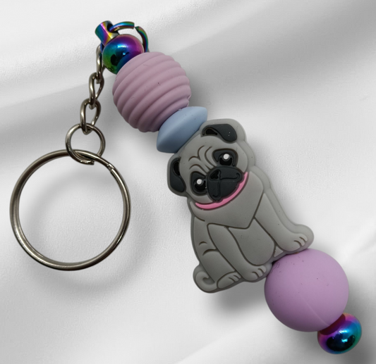 Grey Pug Beaded Keychain