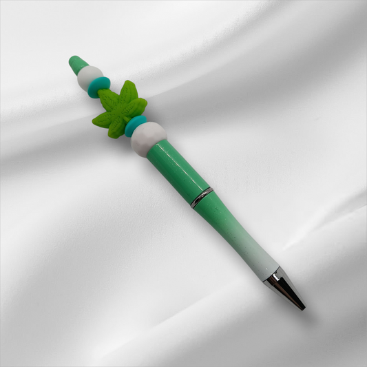 Leaf-Light Green Beaded Pen -Green+White/White