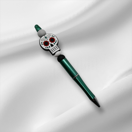 Sugar Skull Beaded Pen -Metallic Green/White