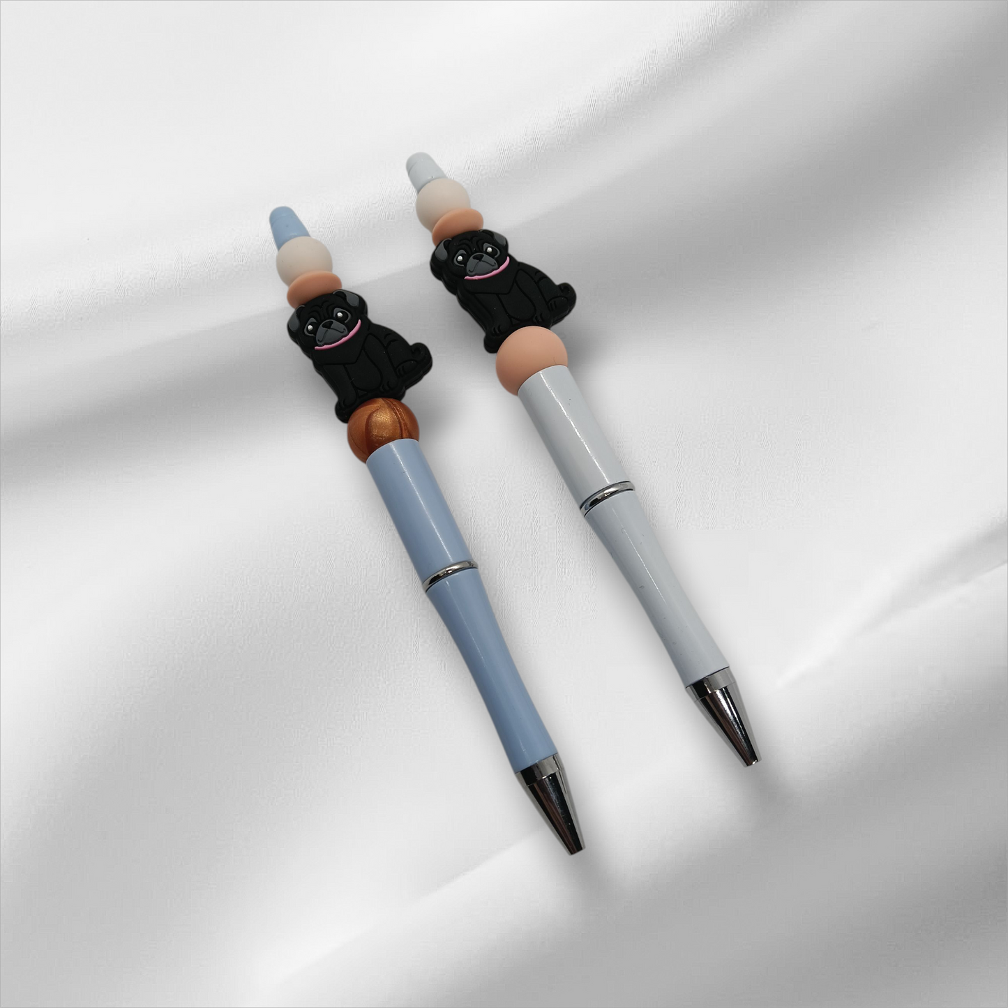 Black Pug Beaded Pen -Dusk Blue/White
