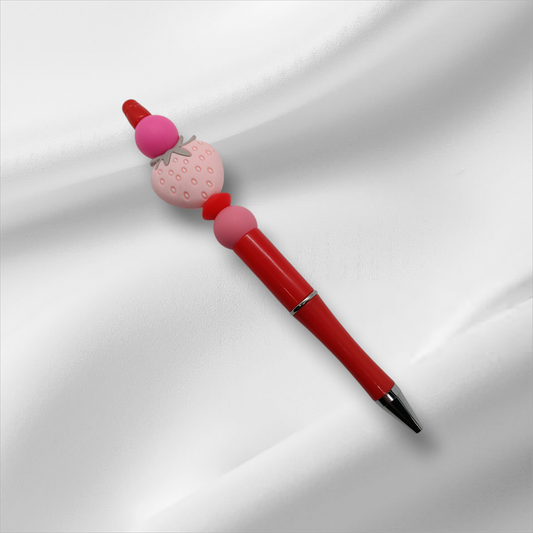 Pink Strawberry Beaded Pen -Red/White