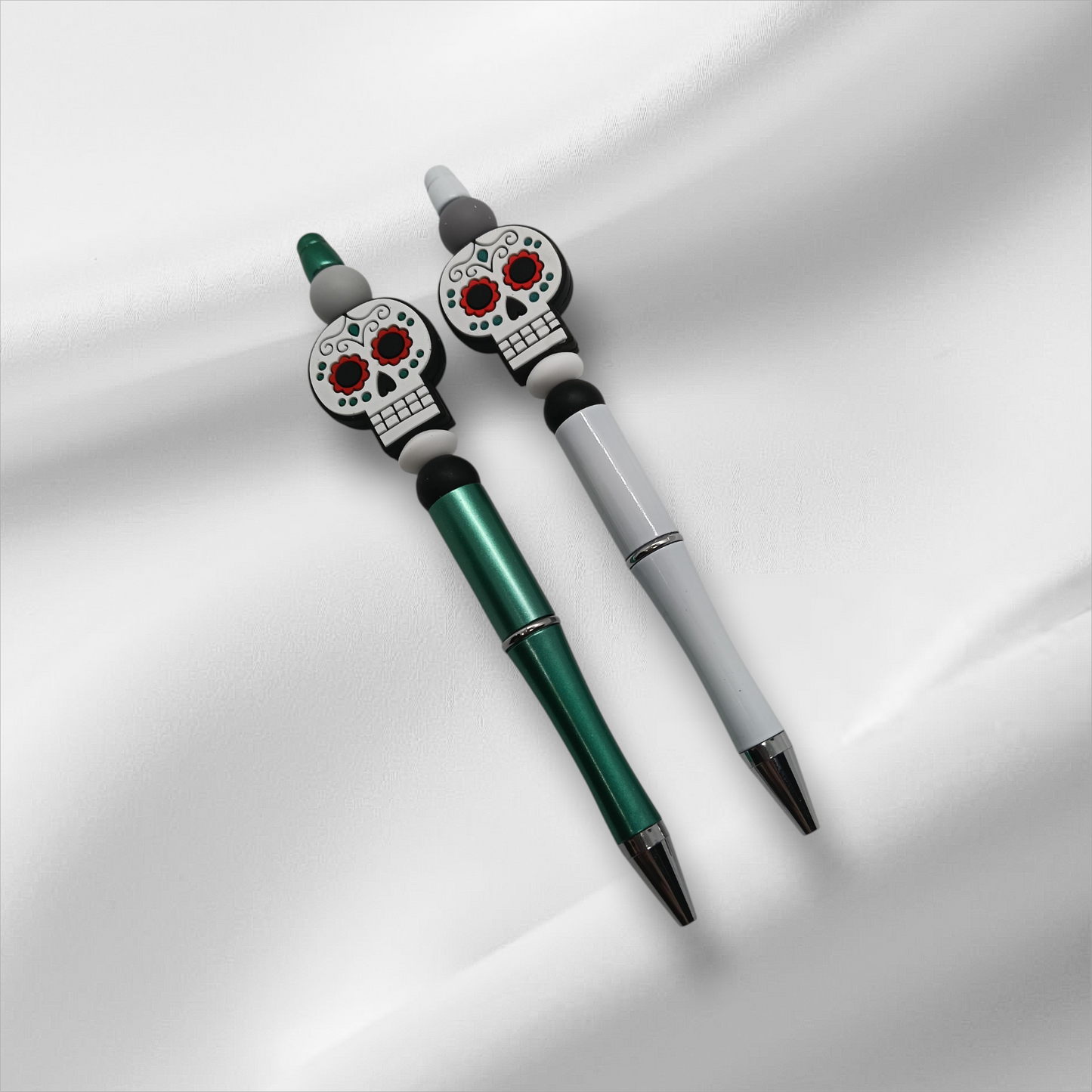 Sugar Skull Beaded Pen -Metallic Green/White