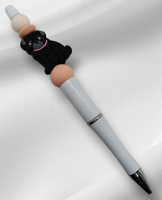 Black Pug Beaded Pen -Dusk Blue/White