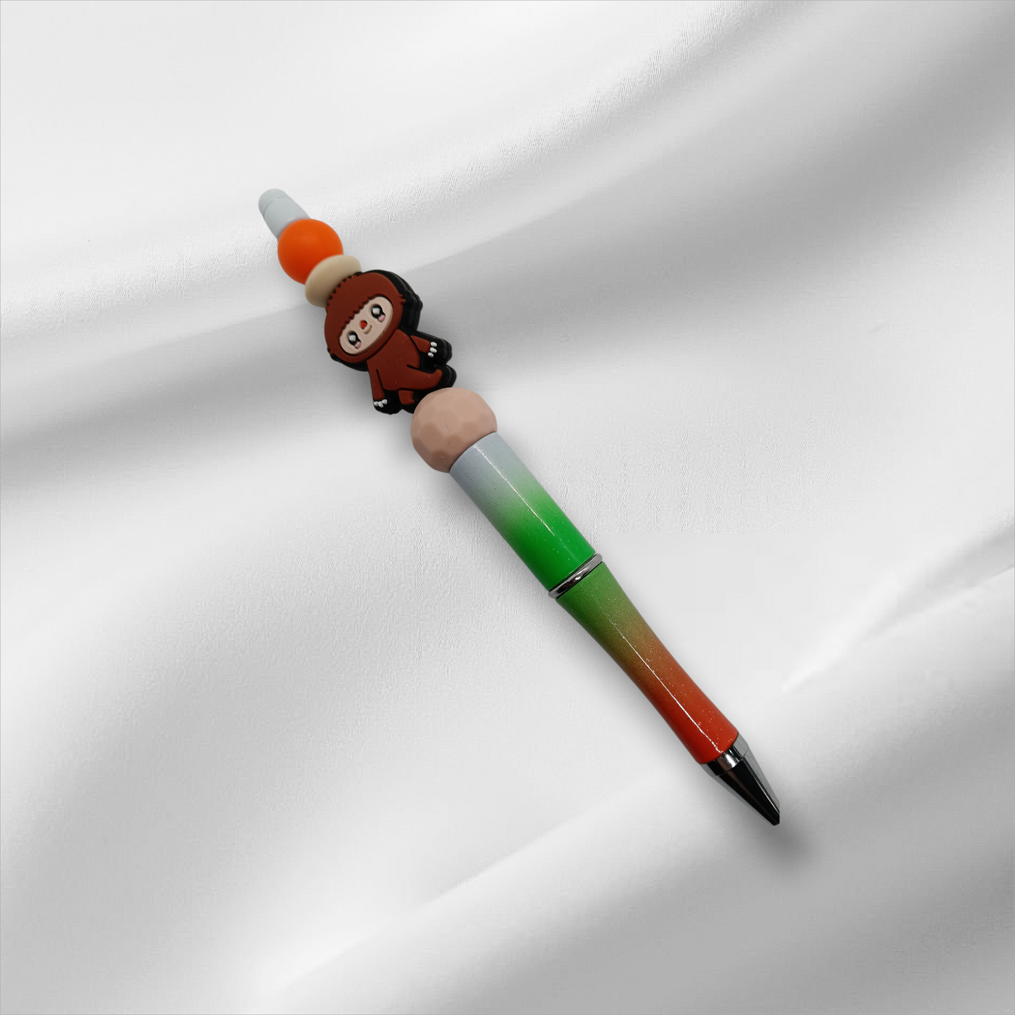 Brown Labubu Beaded Pen -Green+Orange/White