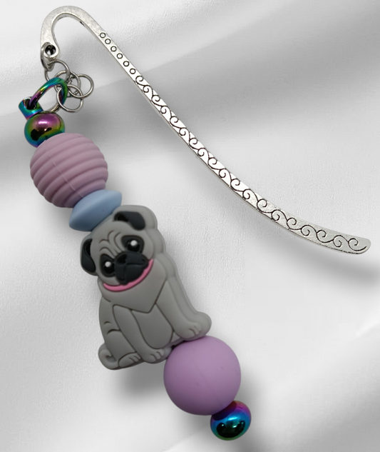 Grey Pug Beaded Bookmark