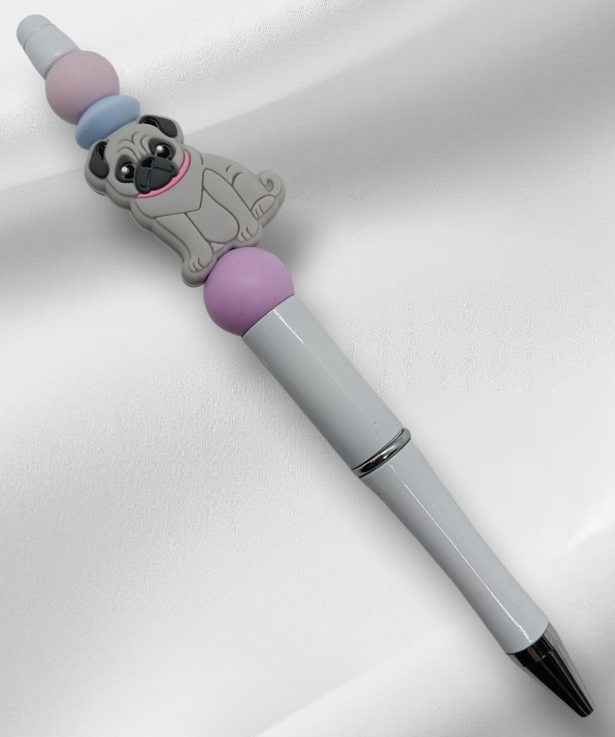 Grey Pug Beaded Pen -Purple/White
