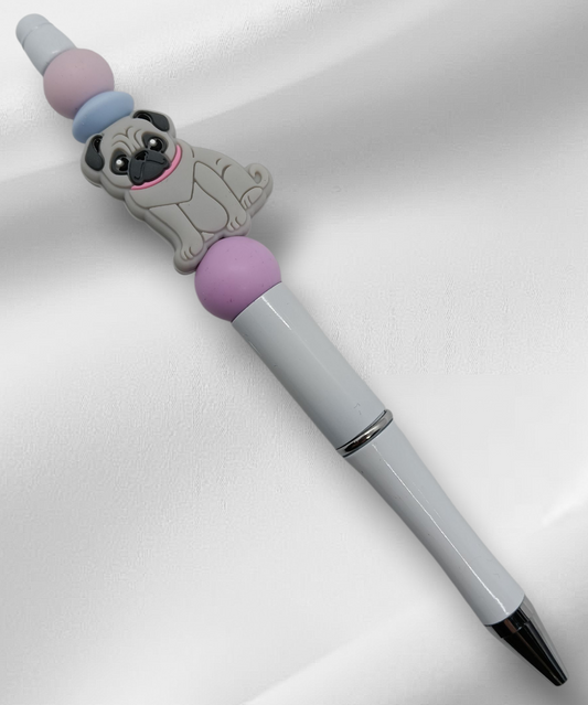 Grey Pug Beaded Pen -Purple/White