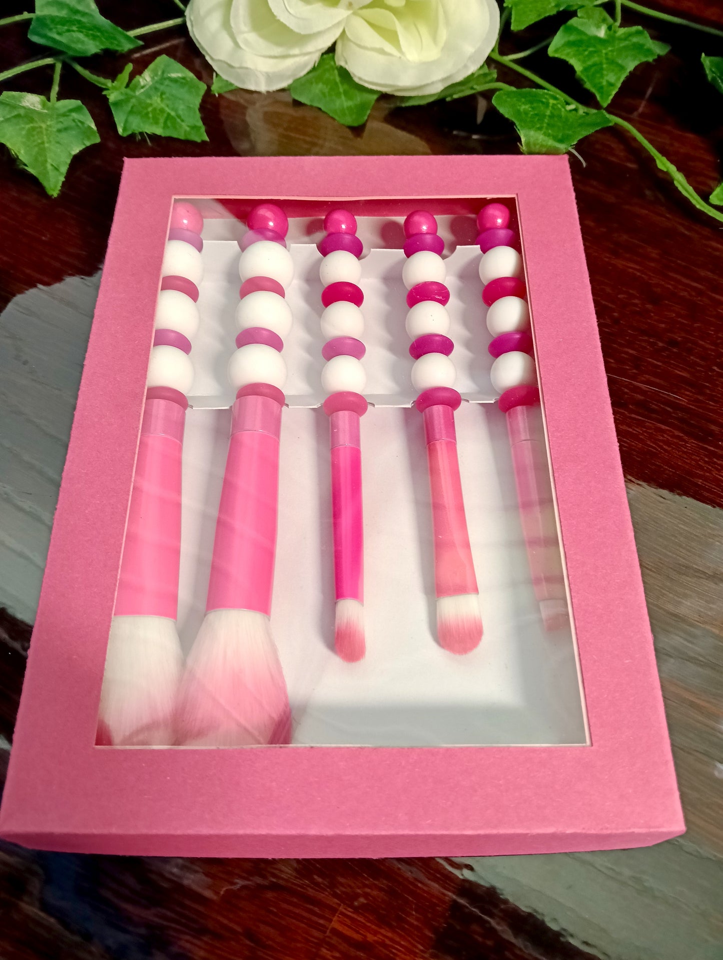 Pink Beaded Makeup Brush 5pc Set