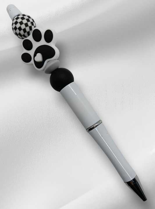 Black+White Paw Print Beaded Pen -White