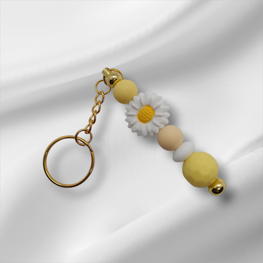 White Flower Beaded Keychain